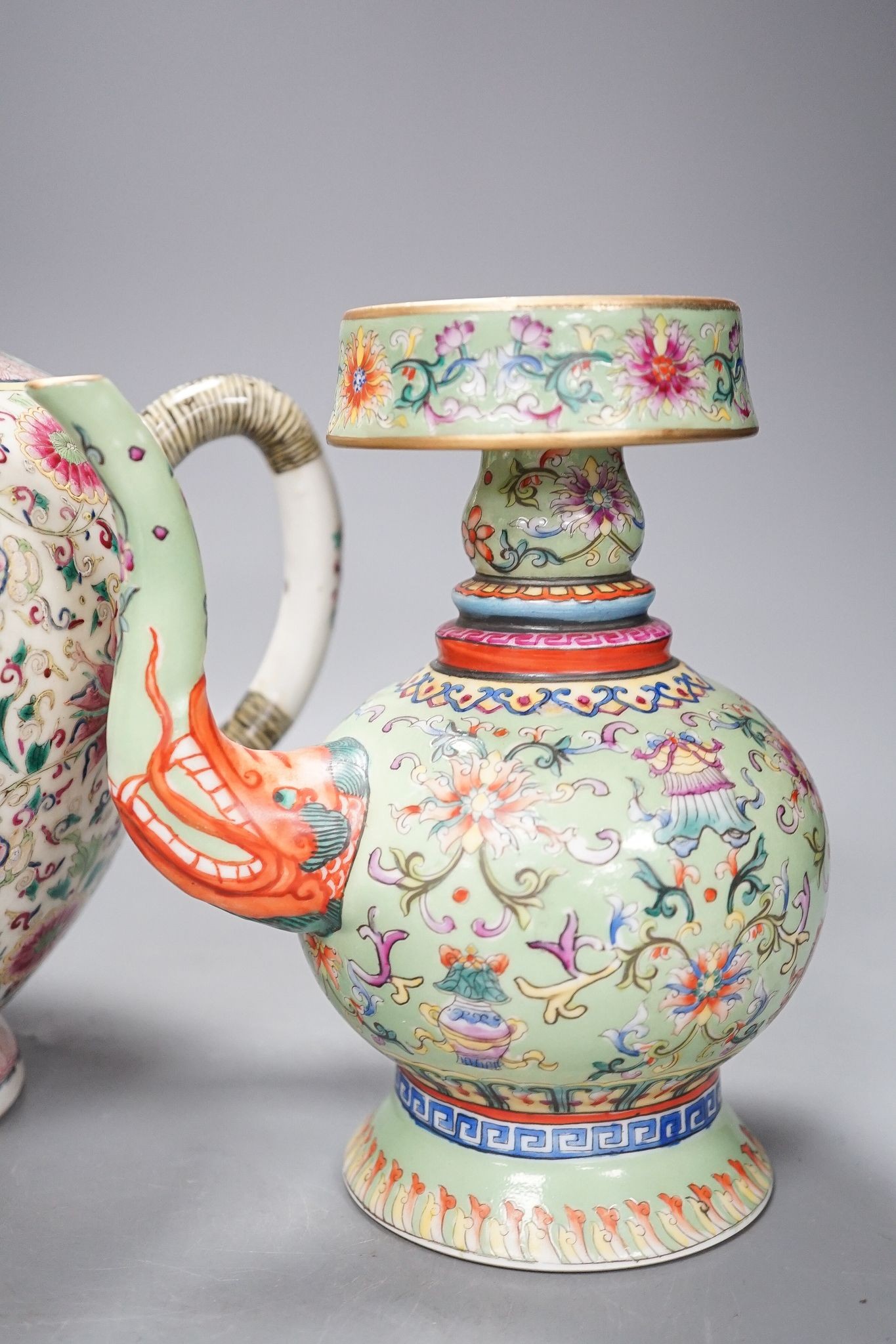 A large 19th century Chinese famille rose wine pot, and another wine pot, tallest 27cm